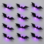 Lot de 12 chauves-souris murales noires 3D avec éclairage LED violet