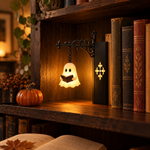 Lampe fantôme lecteur dans une bibliothèque décorée pour Halloween
