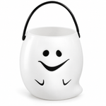 Seau à bonbons fantôme blanc souriant avec anse noire