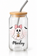 Verre Halloween à fantôme et nœud rose avec couvercle et paille — motif illustré Marley