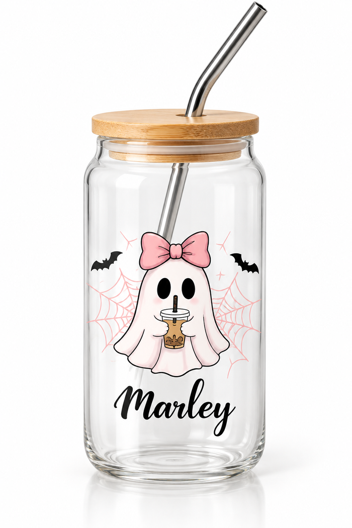 Verre Halloween à fantôme et nœud rose avec couvercle et paille — motif illustré Marley
