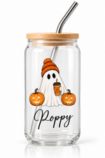 Verre Halloween à fantôme et citrouilles avec couvercle et paille — motif illustré Poppy