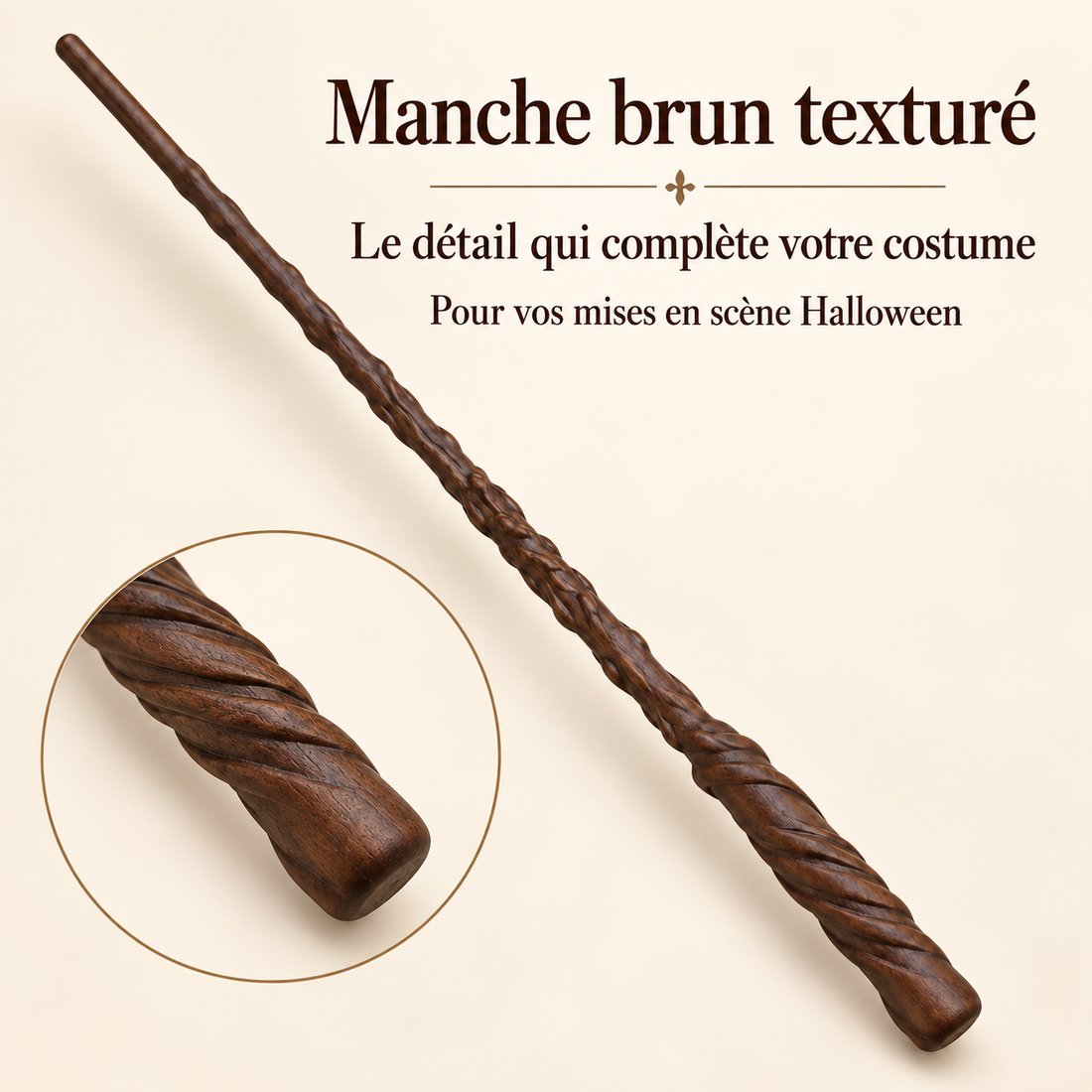 Manche brun texturé — présentation des détails en français