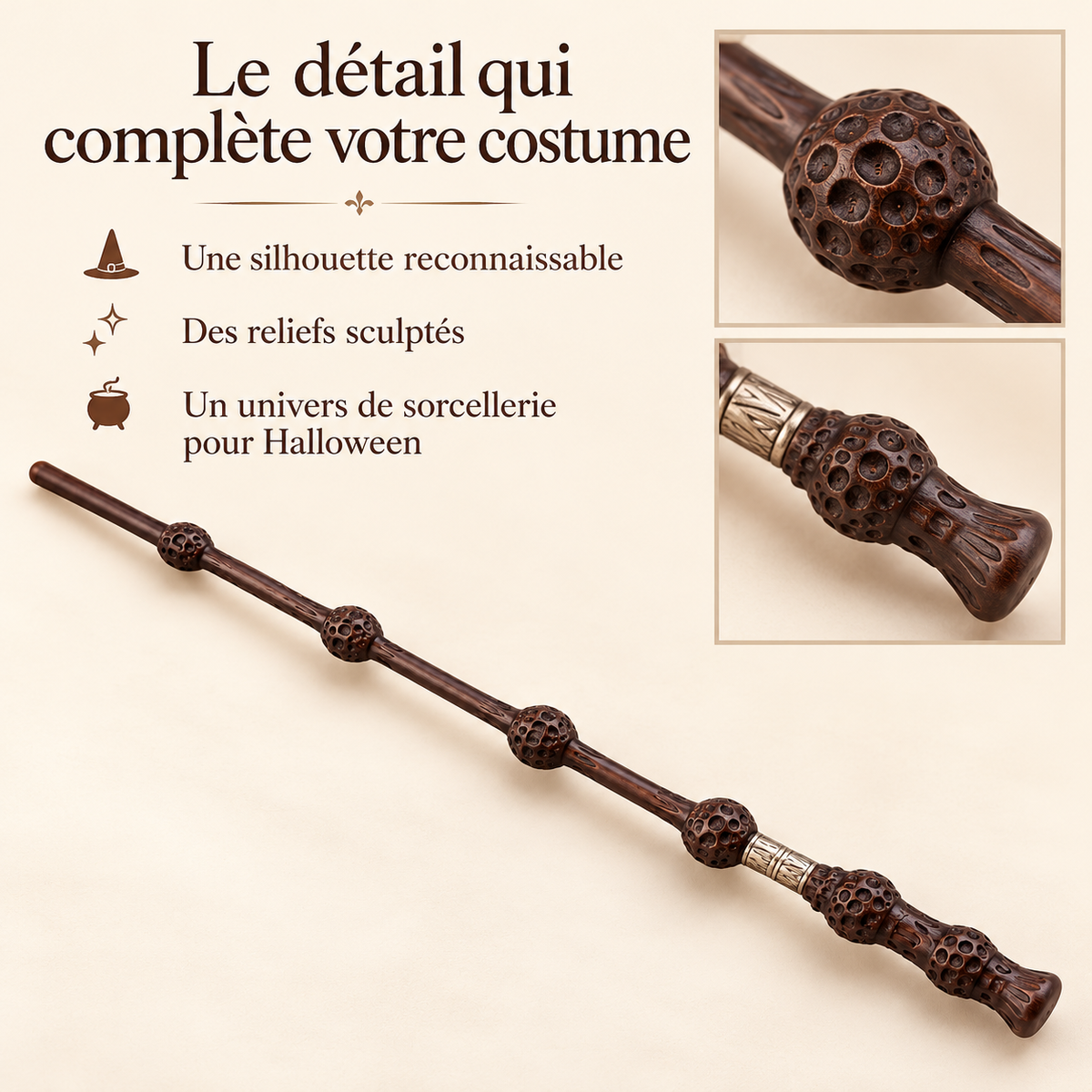 Présentation en français de la silhouette et des détails de la baguette