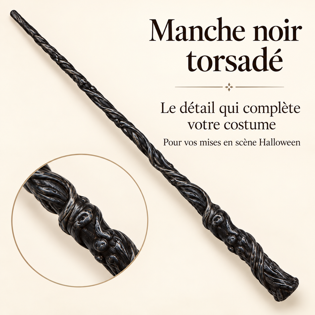 Manche noir torsadé — présentation des détails en français