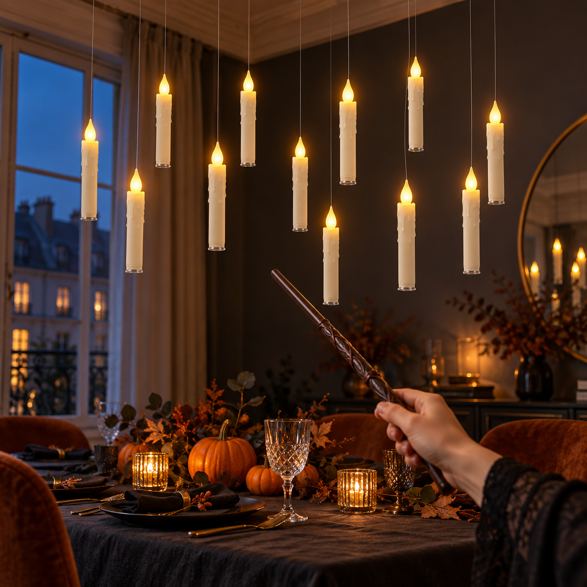 Bougies LED suspendues au-dessus d’une table décorée pour Halloween