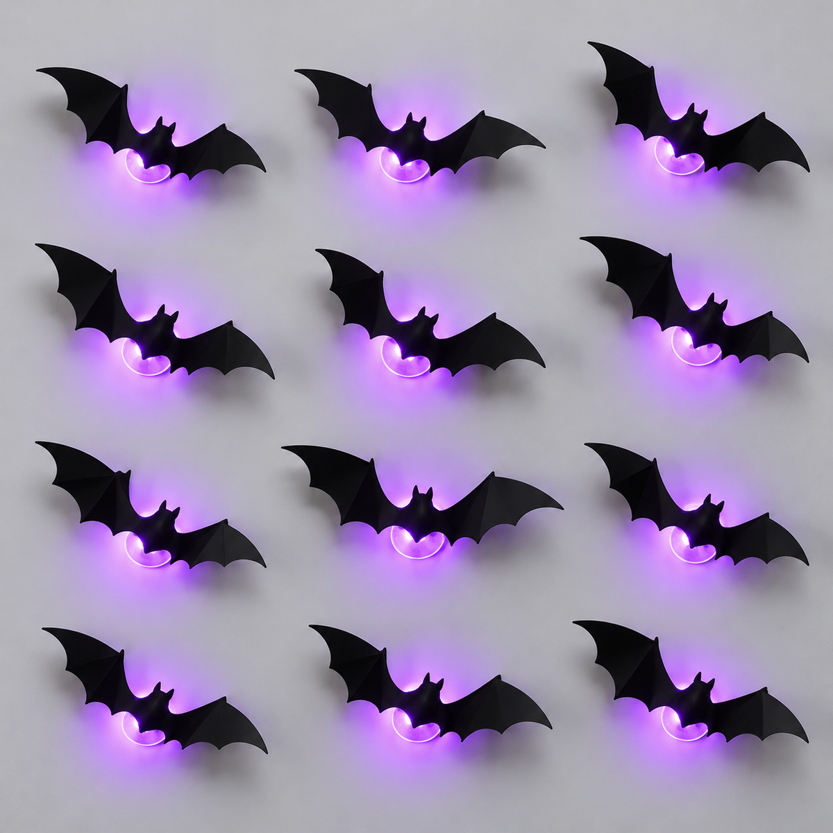 Lot de 12 chauves-souris murales noires 3D avec éclairage LED violet