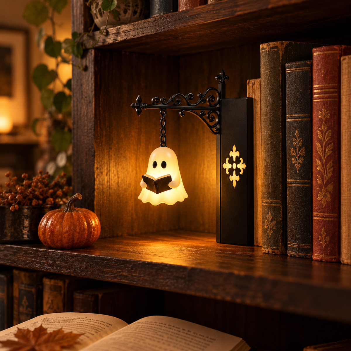 Lampe fantôme lecteur dans une bibliothèque décorée pour Halloween