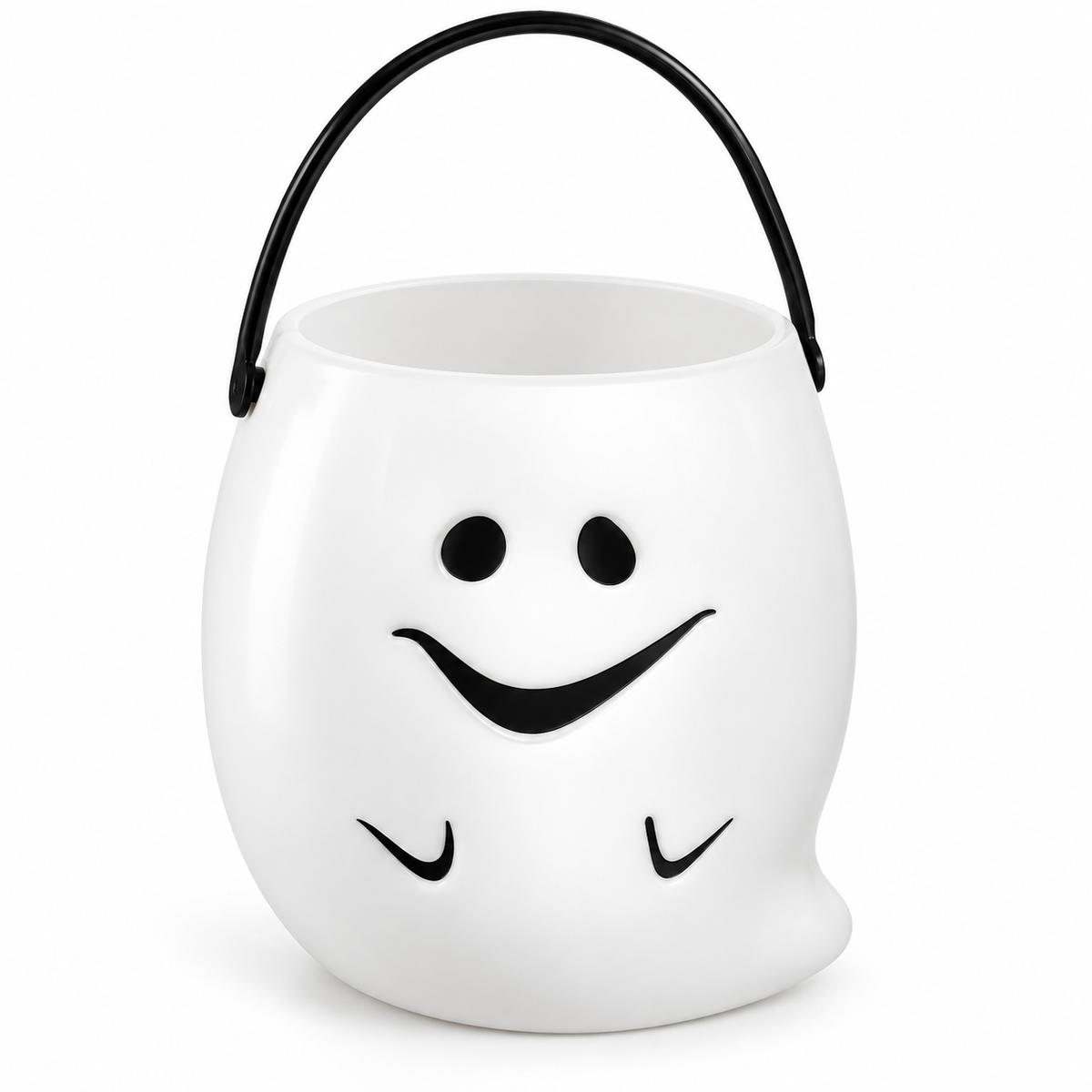 Seau à bonbons fantôme blanc souriant avec anse noire