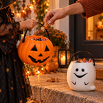 Seaux Halloween en situation de collecte de bonbons emballés, bonbons non inclus