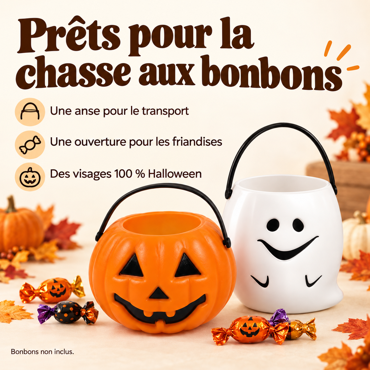Présentation en français de l’anse, de l’ouverture et des motifs des seaux Halloween
