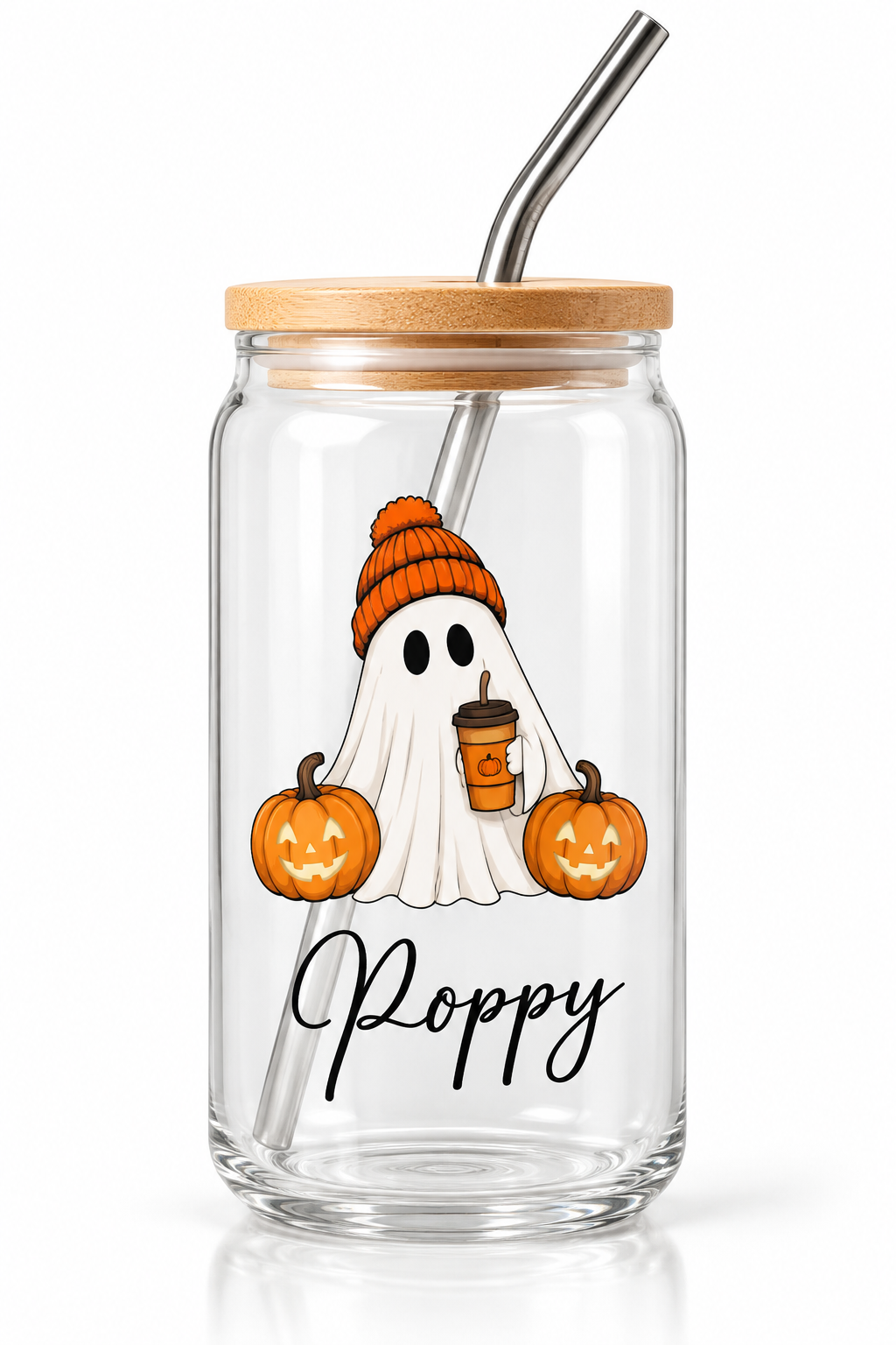 Verre Halloween à fantôme et citrouilles avec couvercle et paille — motif illustré Poppy