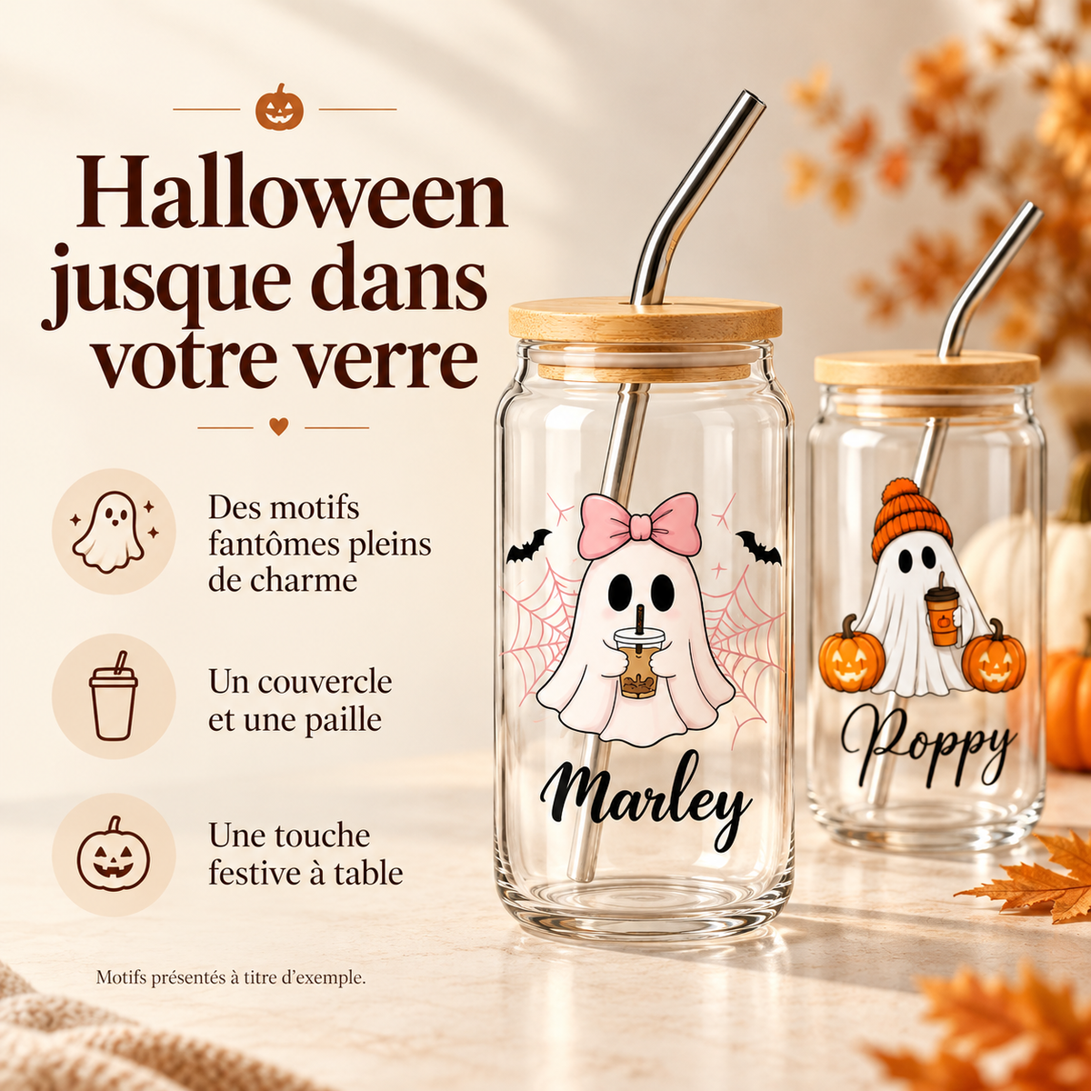 Présentation en français du verre Halloween, de son couvercle et de sa paille